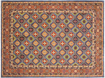 handmade Geometric Kazak Lt. Blue Red Hand Knotted RECTANGLE 100% WOOL area rug 10x14